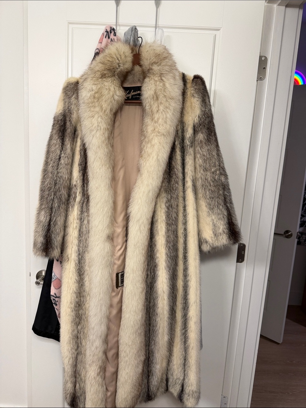 Saga Furs Long Cream and Brown Striped Full-Length Fur Coat